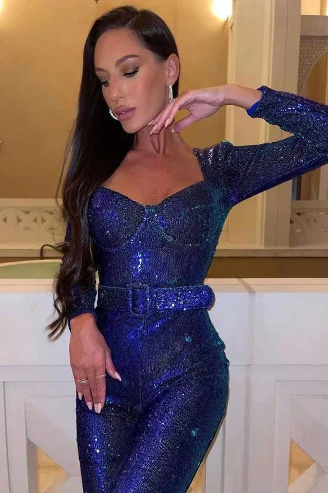 Combinaison en sequins avec détail de corset et jambes évasées