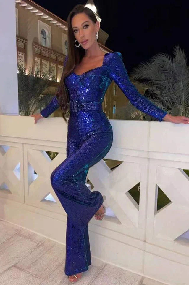 Combinaison en sequins avec détail de corset et jambes évasées