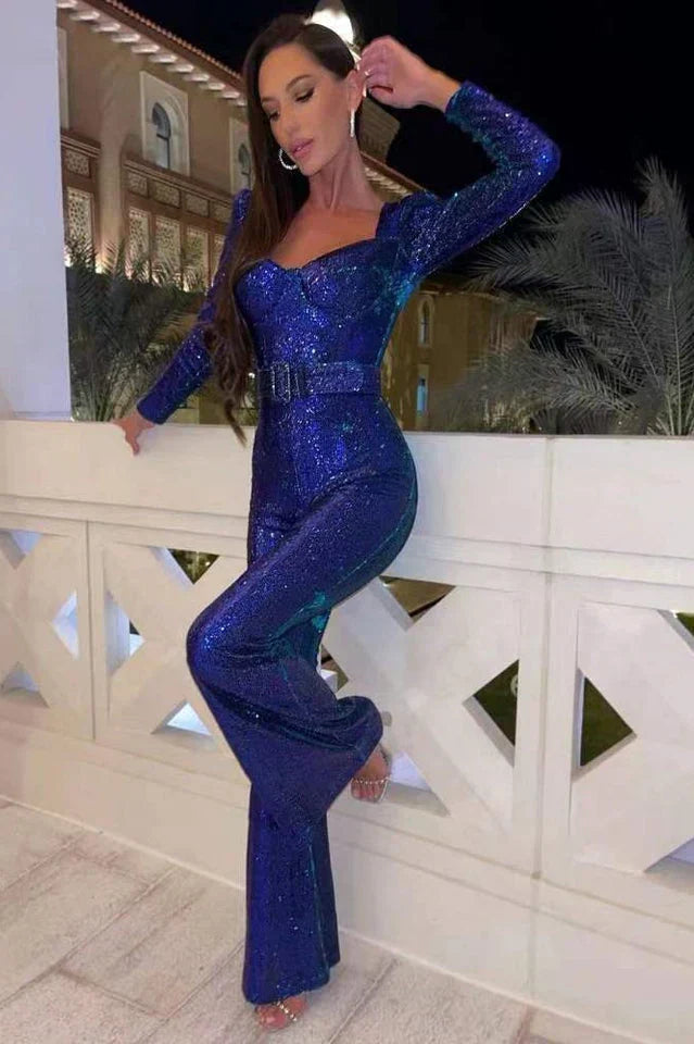 Combinaison en sequins avec détail de corset et jambes évasées
