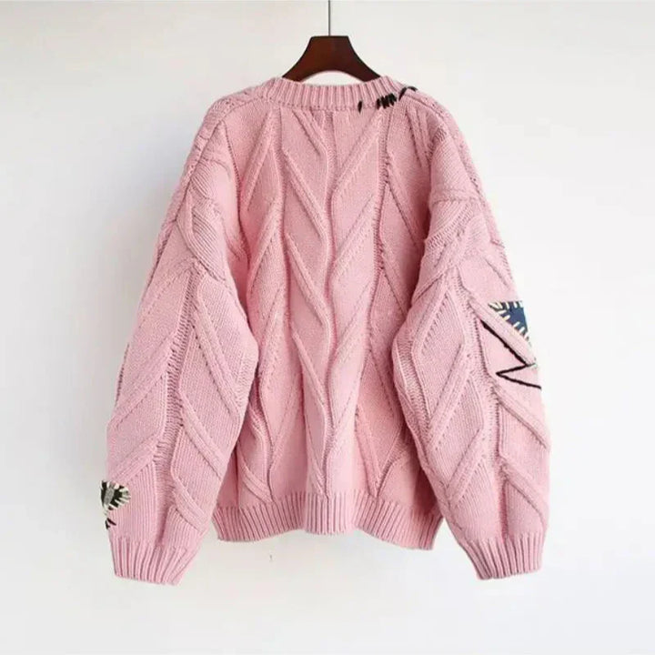 Cardigan en Tricot à Col V pour Femmes avec Broderie Patchwork