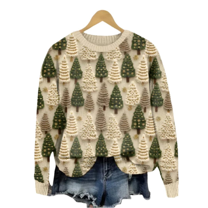 Pull en Tricot Femme avec Motif Arbre et Encolure Ronde