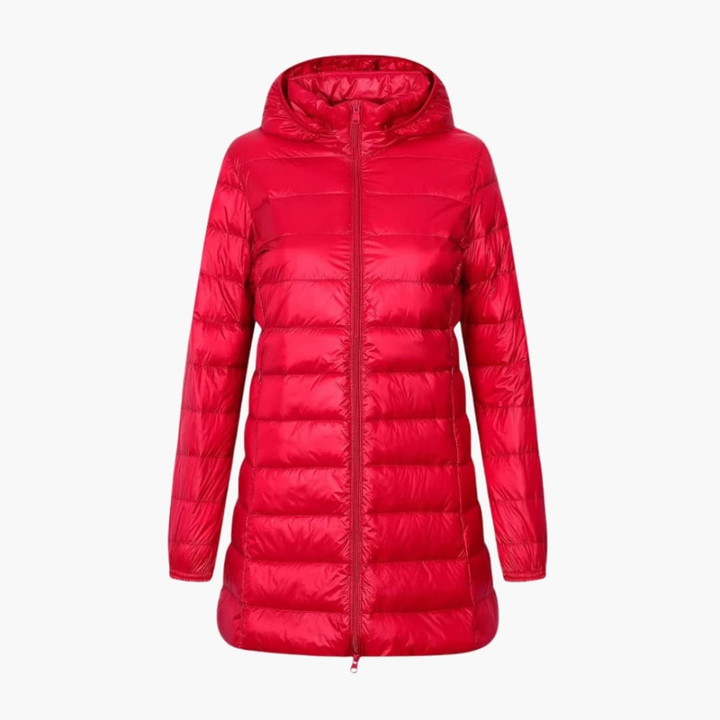 Veste d'hiver femme en doudoune avec capuche et coupe longue