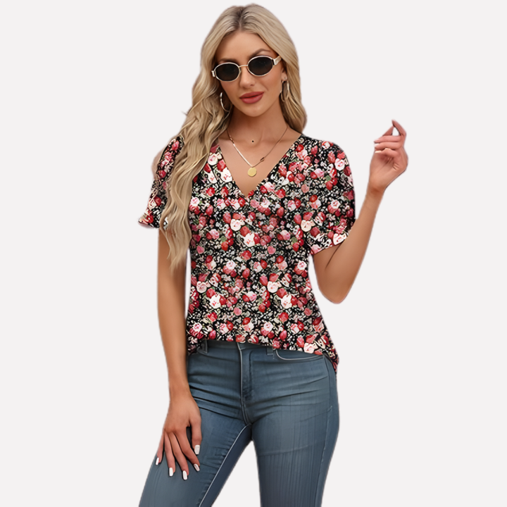 T-shirt à manches courtes en V pour femmes