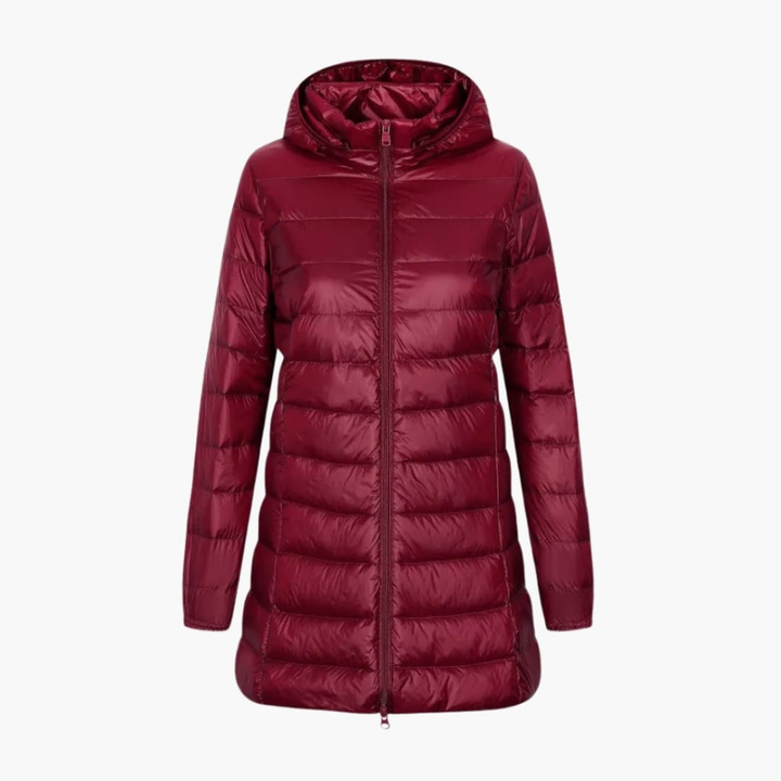 Veste d'hiver femme en doudoune avec capuche et coupe longue