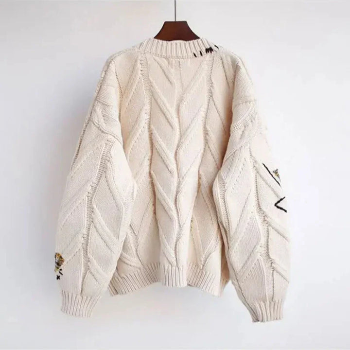 Cardigan en Tricot à Col V pour Femmes avec Broderie Patchwork