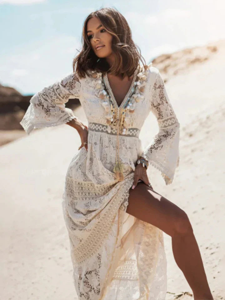 Robe Maxi Bohémienne avec Dentelle et Manches Éléguantes
