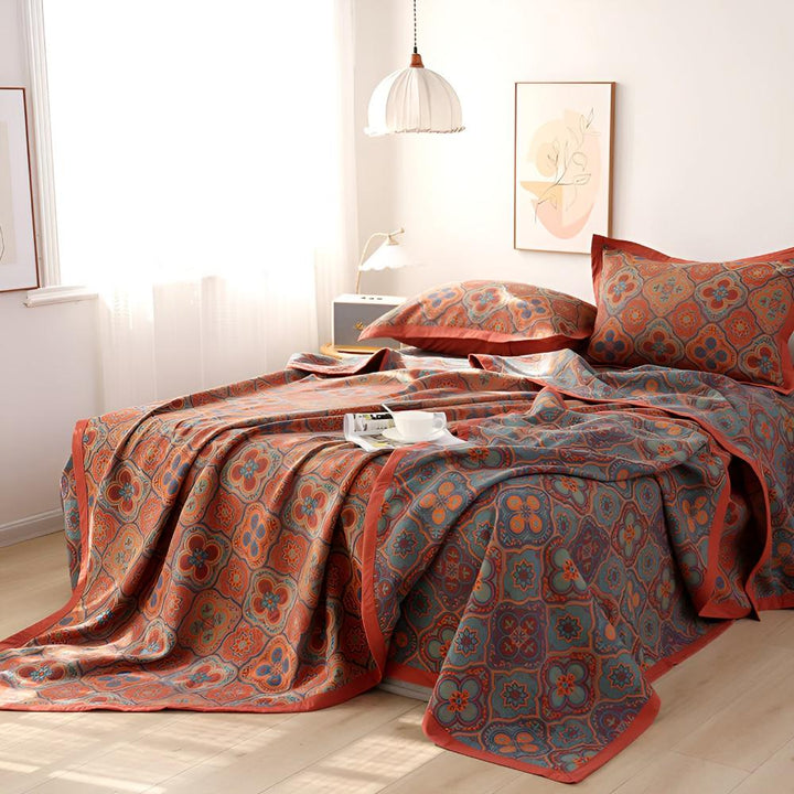 Couverture Réversible en Coton avec Broderie Fleur – Élégance Intemporelle et Confort