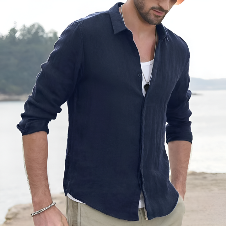 Chemise en lin solide vintage avec col retourné