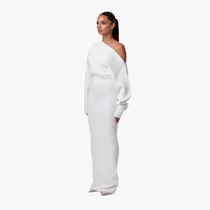 Robe Tricot Dehors Des Épaules Pour Femme – Robe De Soirée Élégante