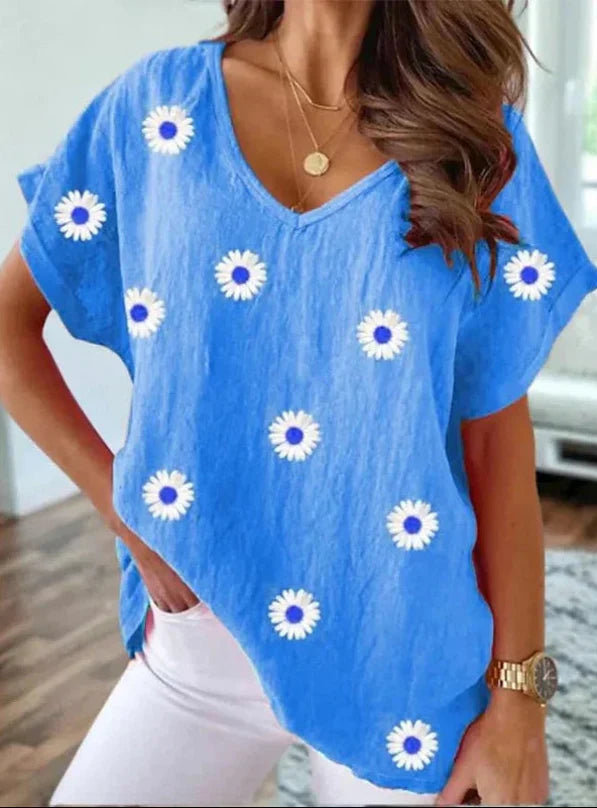 T-shirt casual col V avec impression florale 3D