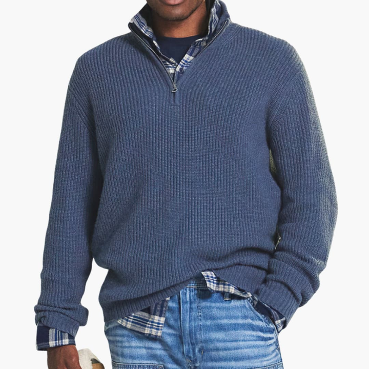 Pull-over en maille côtelée pour homme avec col zipper mi-long