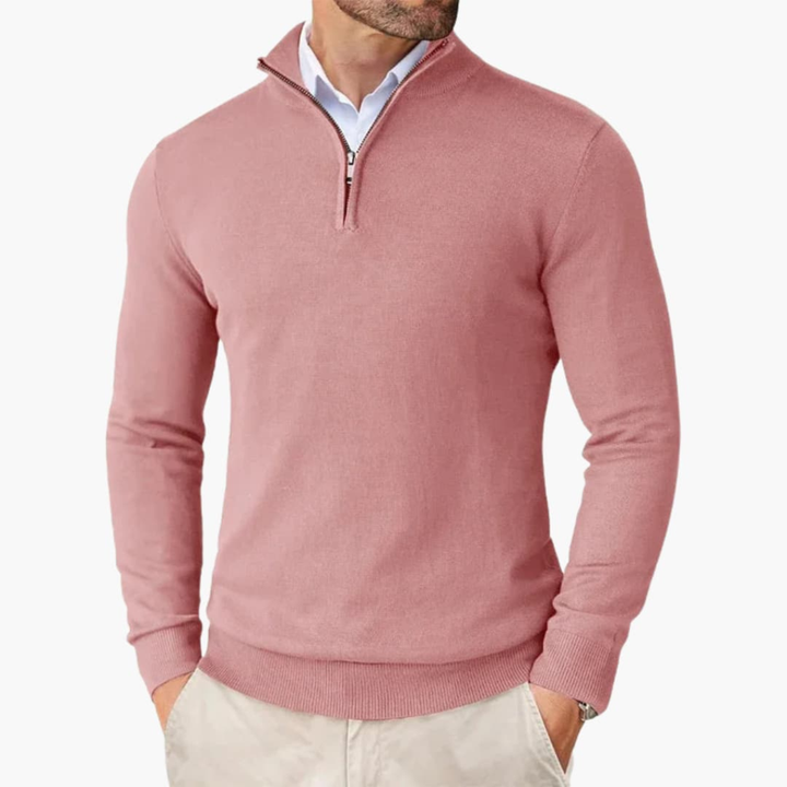 Pull-over homme avec zip quart et bord côte