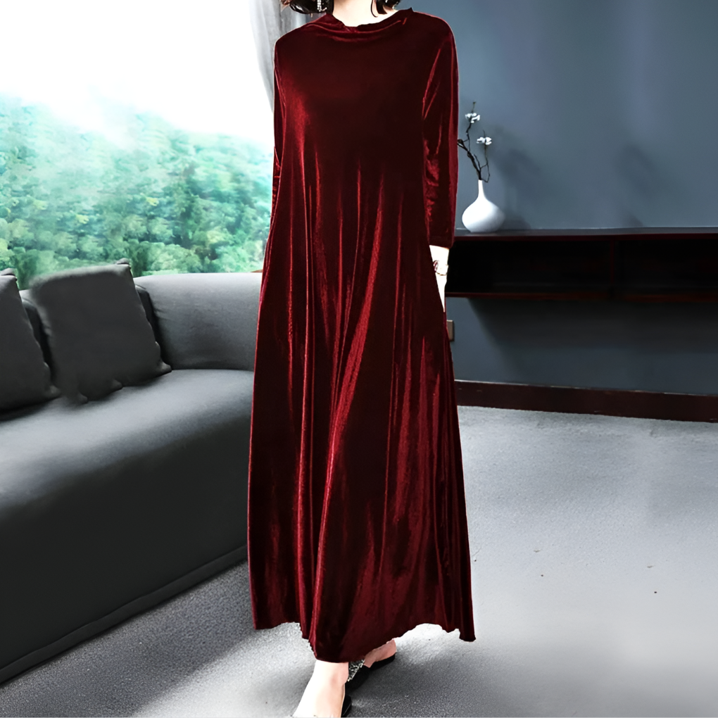 Robe Longue à Manches Velours Rouge Vin pour Femme