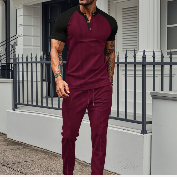 Ensemble de lounge avec chemise à boutons pour hommes et pantalons longs en gaufre