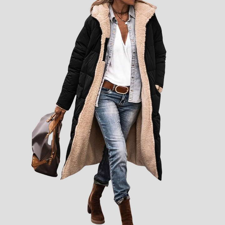 Manteau d'hiver long réversible pour femmes – Avec capuche et doublure en teddy