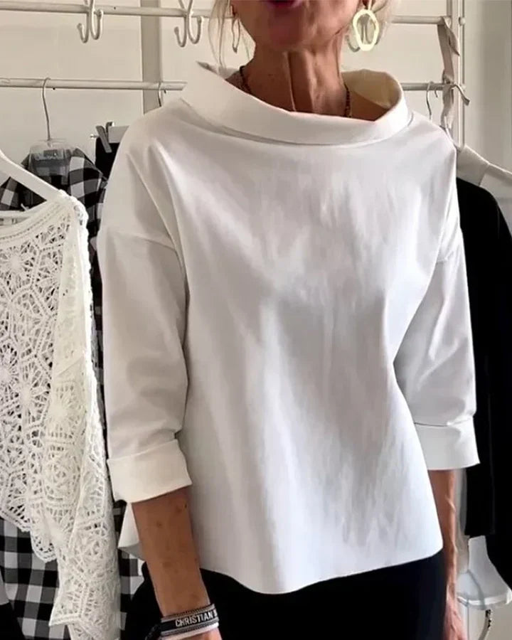 Top Casual avec Revers Larges et Col Montant Mi-Long pour un Look Chic