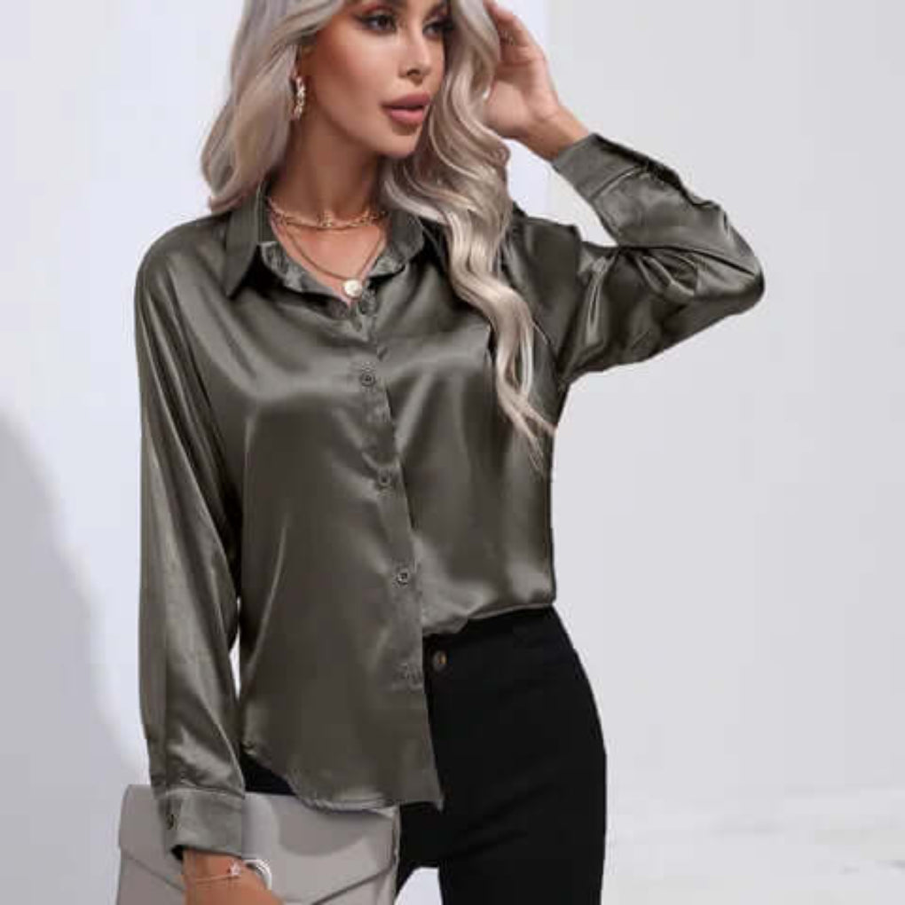 Blouse en satin à manches longues pour femme