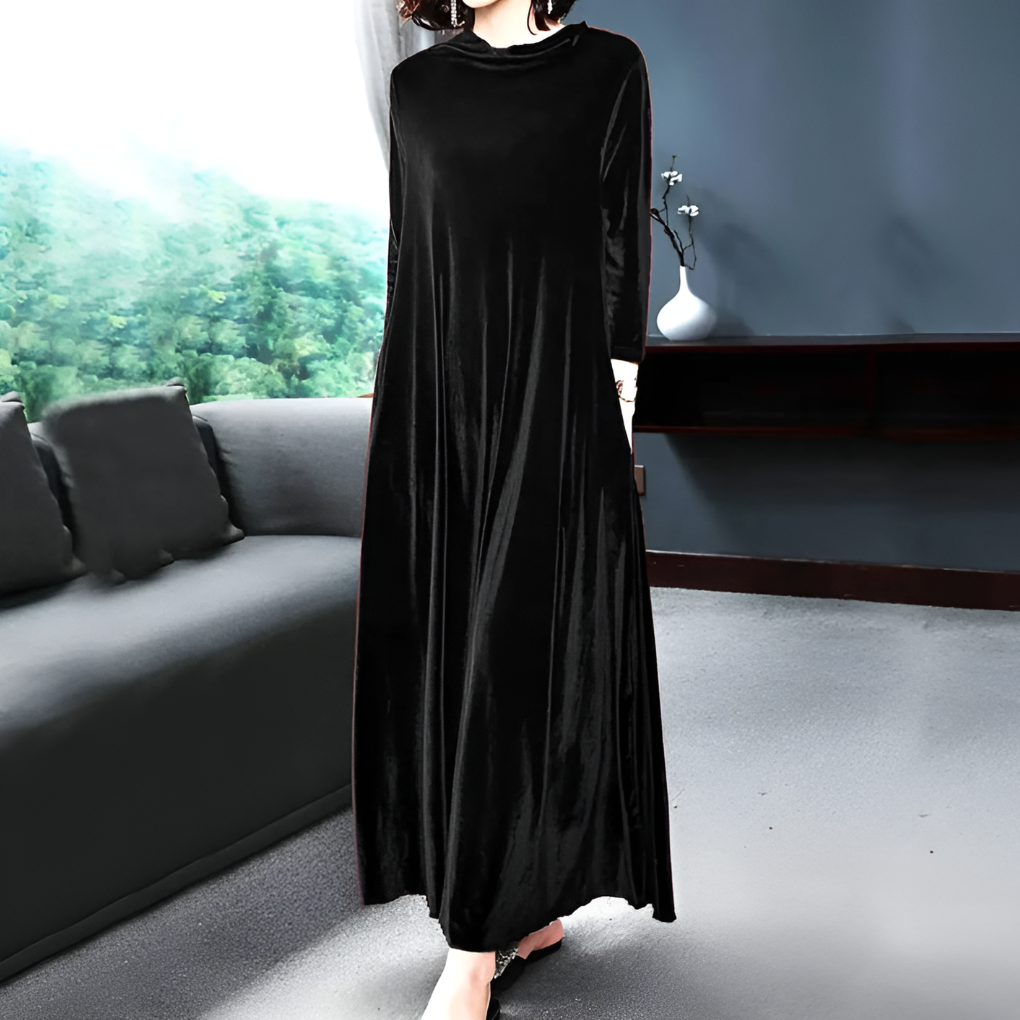 Robe Longue à Manches Velours Rouge Vin pour Femme