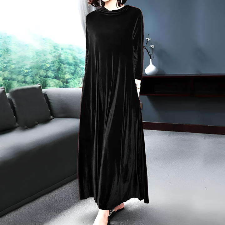Robe Longue à Manches Velours Rouge Vin pour Femme