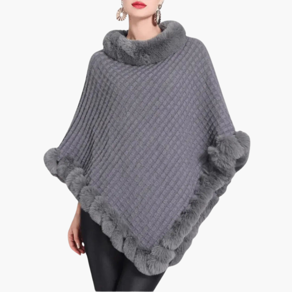 Poncho en Tricot pour Femmes avec Bordure en Fausse Fourrure et Coupe Oversize