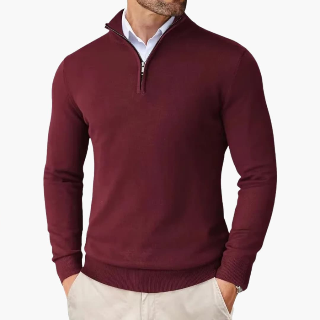 Pull-over homme avec zip quart et bord côte