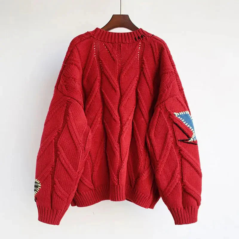 Cardigan en Tricot à Col V pour Femmes avec Broderie Patchwork