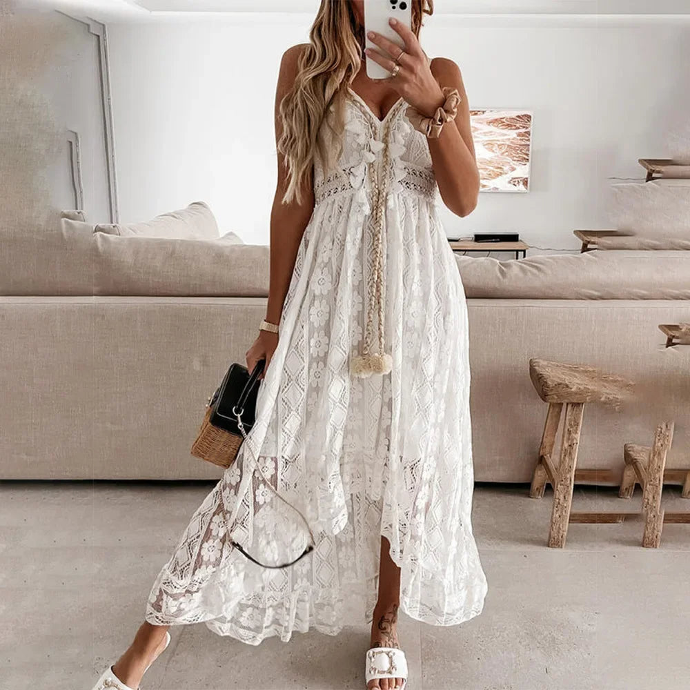 BreezeCharm – Robe en Dentelle Boho avec Franges