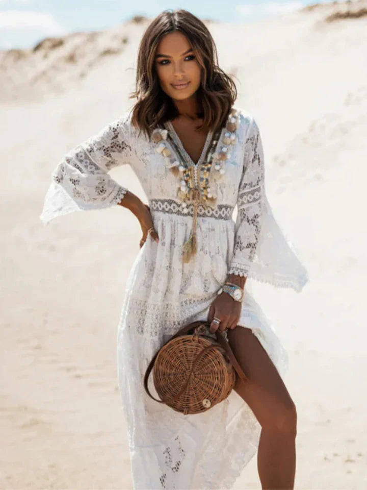 Robe Maxi Bohémienne avec Dentelle et Manches Éléguantes