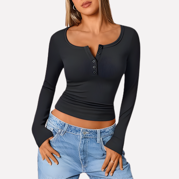 Haut Henley Femme à Manches Longues