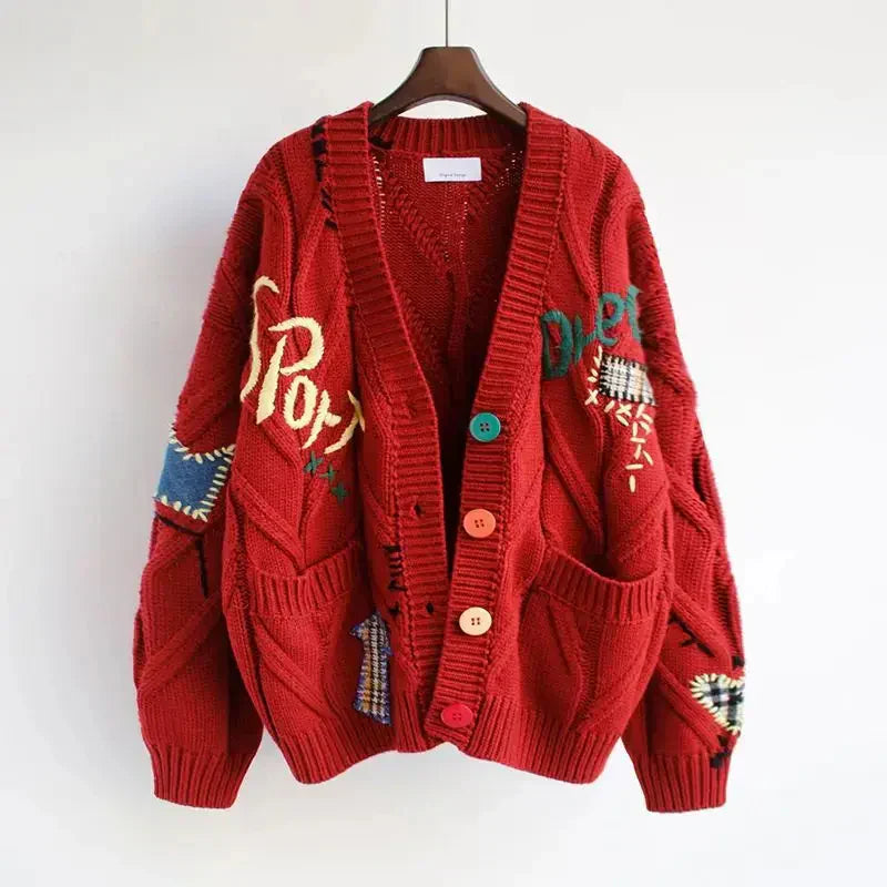Cardigan en Tricot à Col V pour Femmes avec Broderie Patchwork