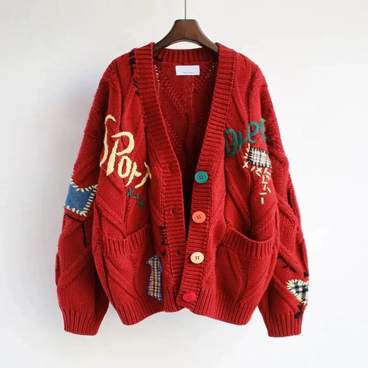 Cardigan en Tricot à Col V pour Femmes avec Broderie Patchwork