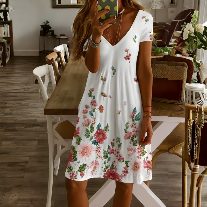 Robe à manches courtes et col en V pour femme