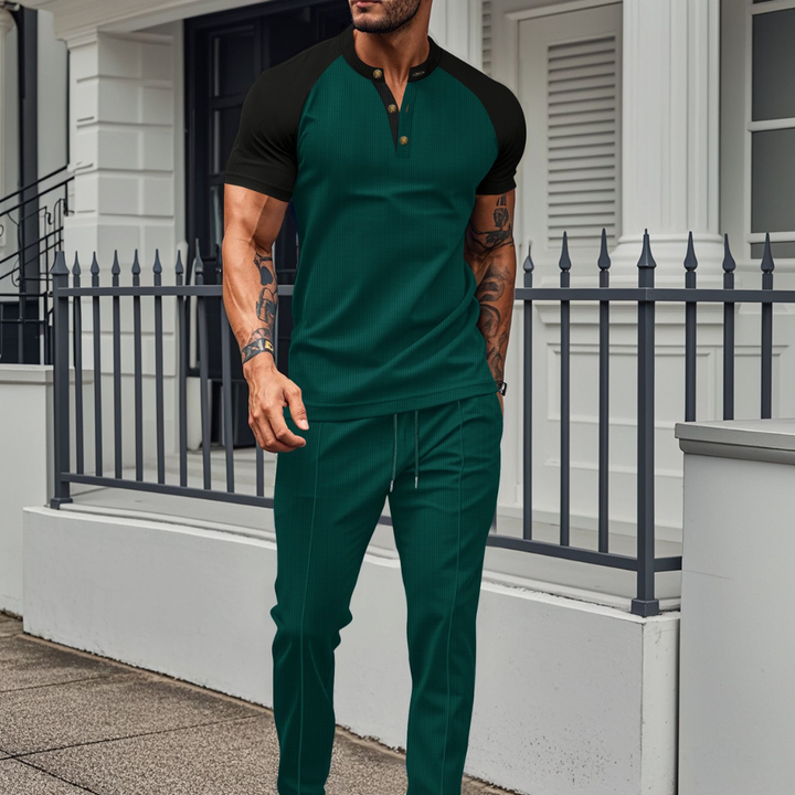 Ensemble de lounge avec chemise à boutons pour hommes et pantalons longs en gaufre