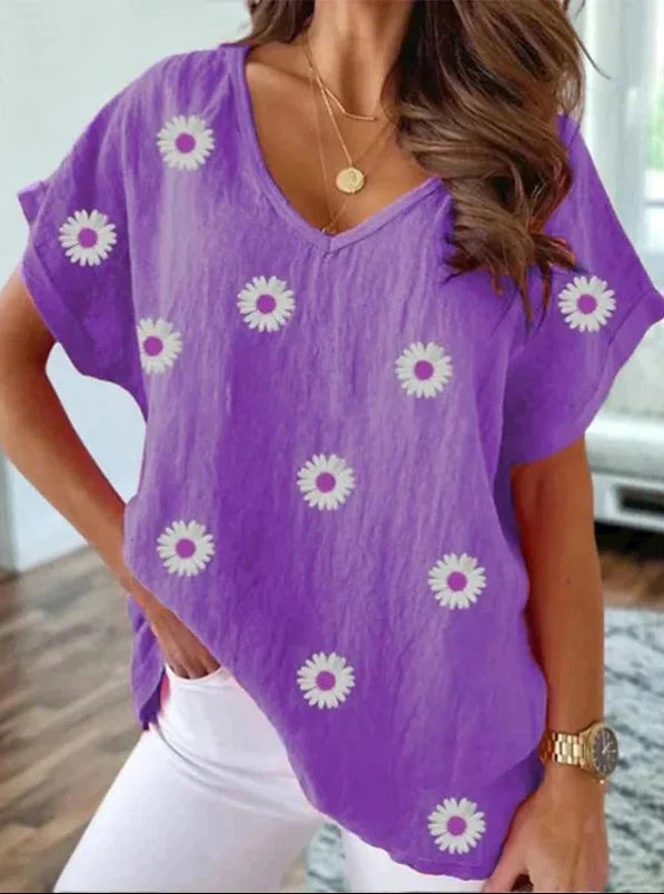 T-shirt casual col V avec impression florale 3D