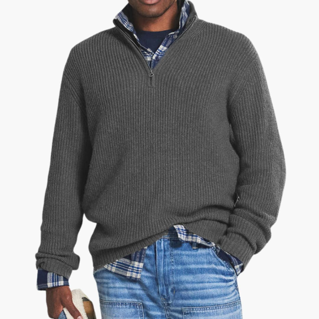 Pull-over en maille côtelée pour homme avec col zipper mi-long
