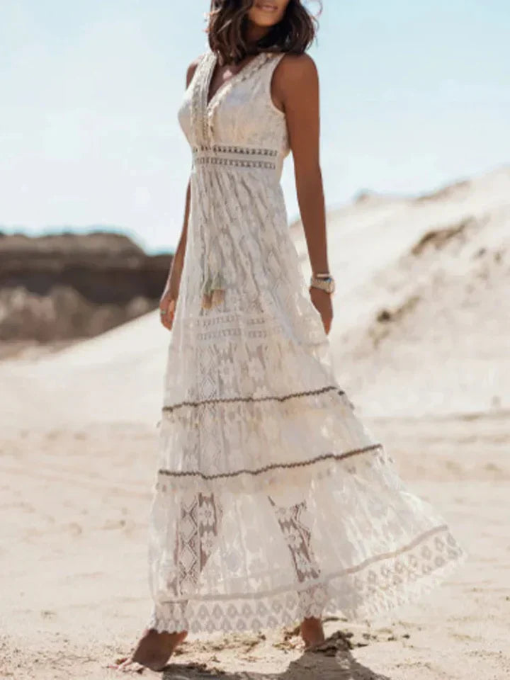 Robe Maxi Bohémienne avec Dentelle et Manches Éléguantes