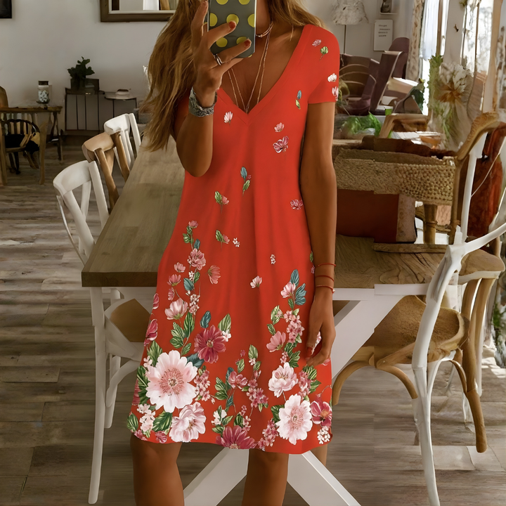 Robe à manches courtes et col en V pour femme