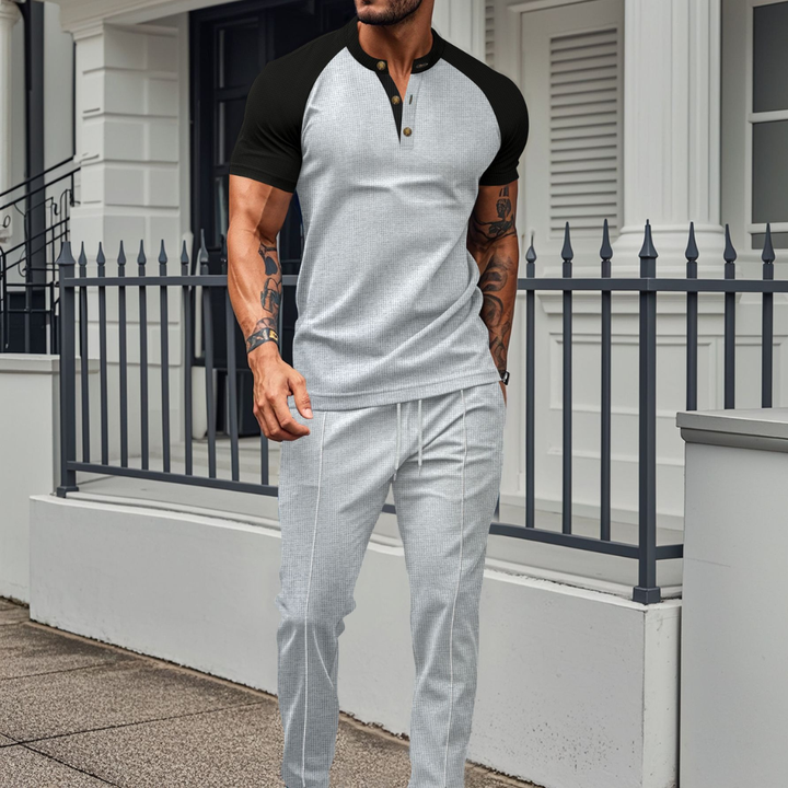Ensemble de lounge avec chemise à boutons pour hommes et pantalons longs en gaufre