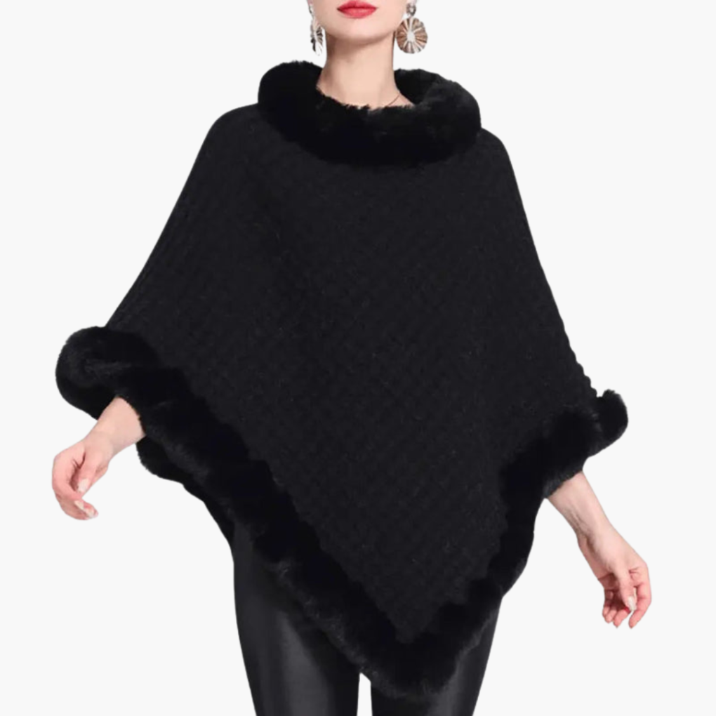 Poncho en Tricot pour Femmes avec Bordure en Fausse Fourrure et Coupe Oversize