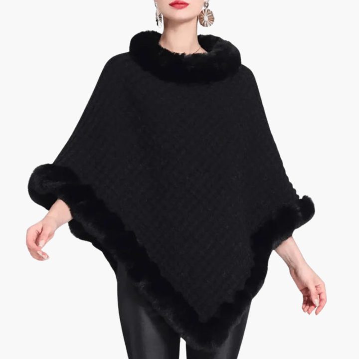 Poncho en Tricot pour Femmes avec Bordure en Fausse Fourrure et Coupe Oversize