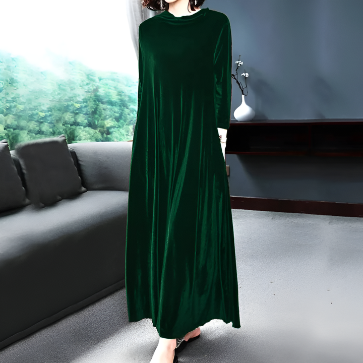 Robe Longue à Manches Velours Rouge Vin pour Femme
