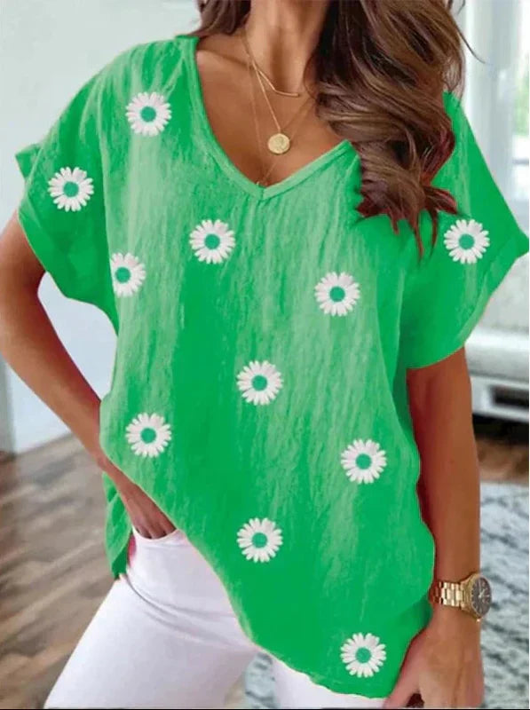 T-shirt casual col V avec impression florale 3D