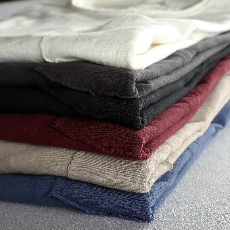 T-shirt en coton vintage à manches longues avec col rond