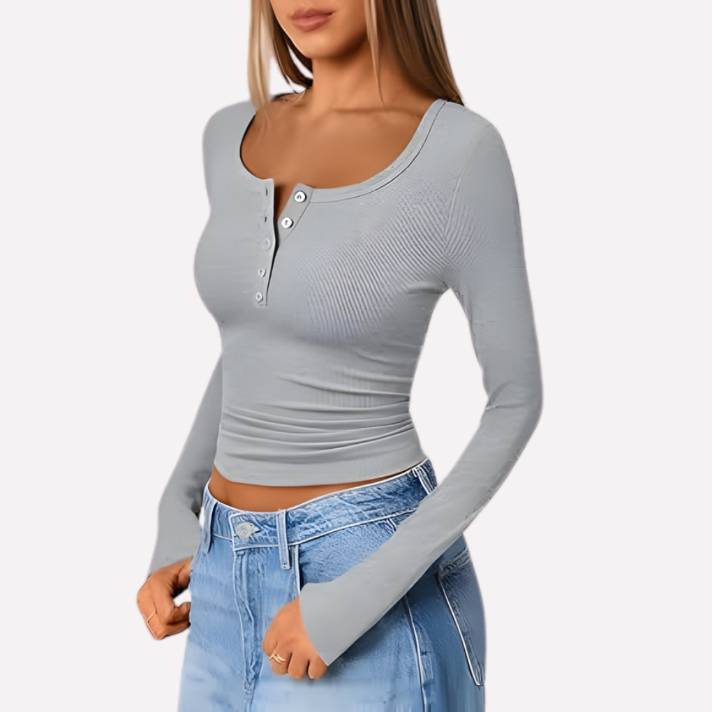 Haut Henley Femme à Manches Longues