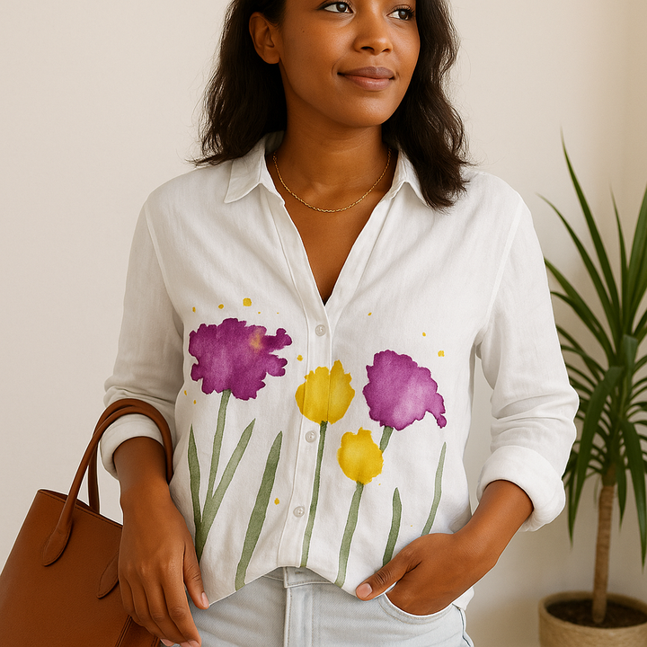 Chemise à V-Cou Imprimée Florale pour Femme & Manches Longues