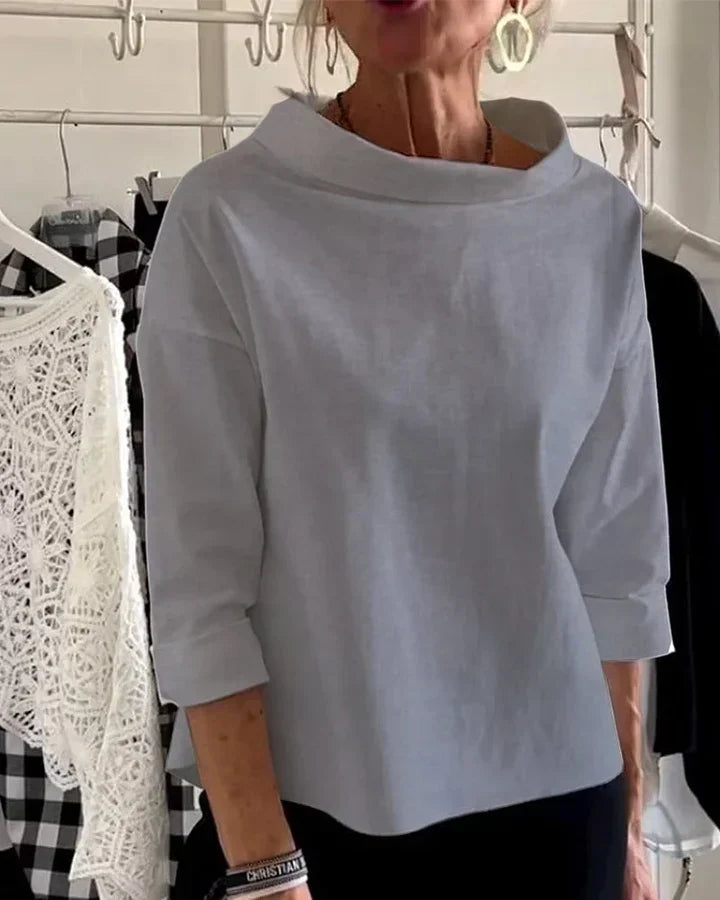 Top Casual avec Revers Larges et Col Montant Mi-Long pour un Look Chic