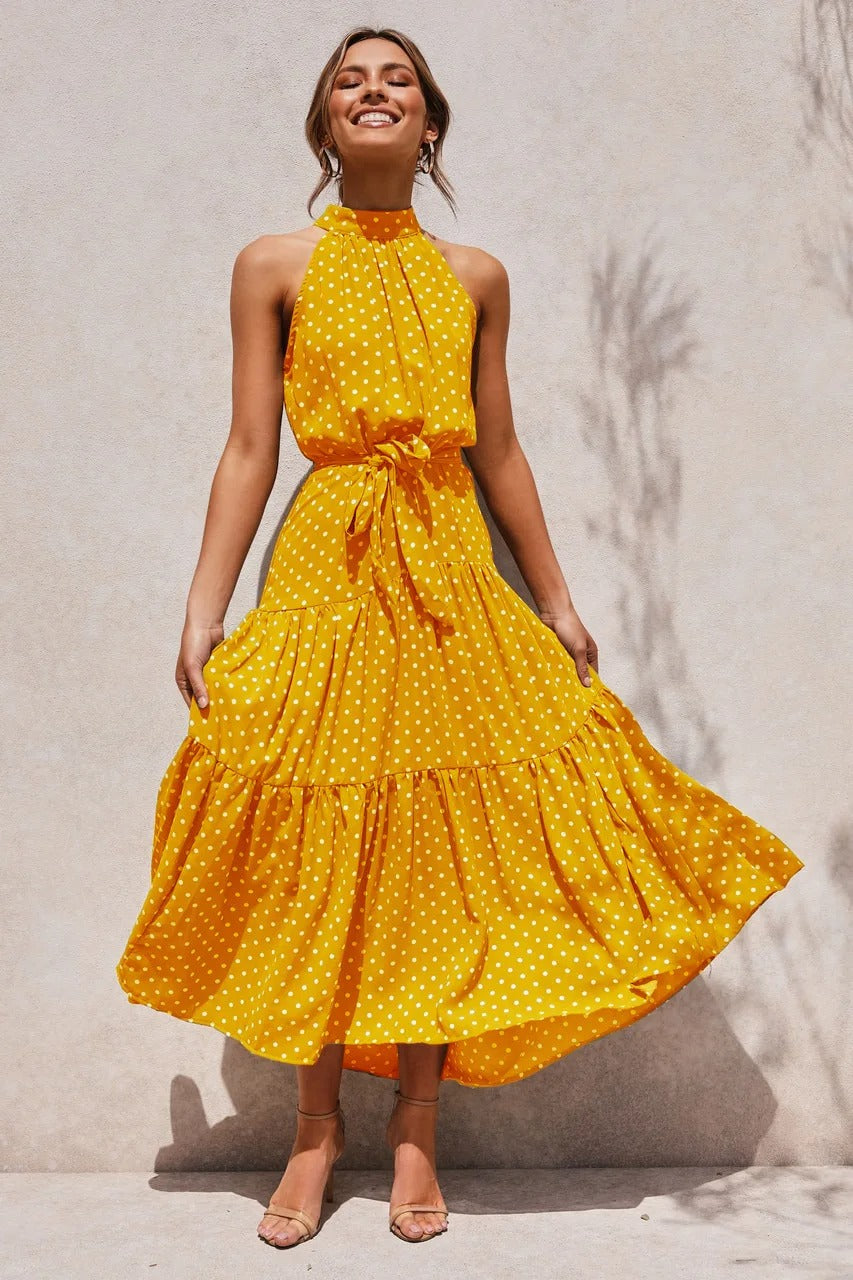 Mia | Halter Neck Maxi Dress Polka Dot Pleated Backless Boho