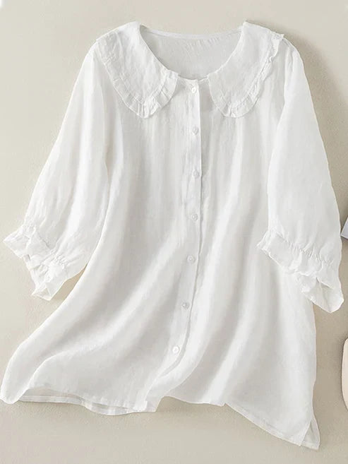 Chemise à col ruffle Peter Pan en coton et lin pour femme