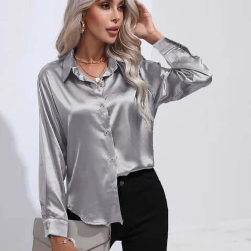 Blouse en satin à manches longues pour femme