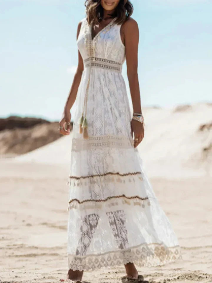 Robe Maxi Bohémienne avec Dentelle et Manches Éléguantes